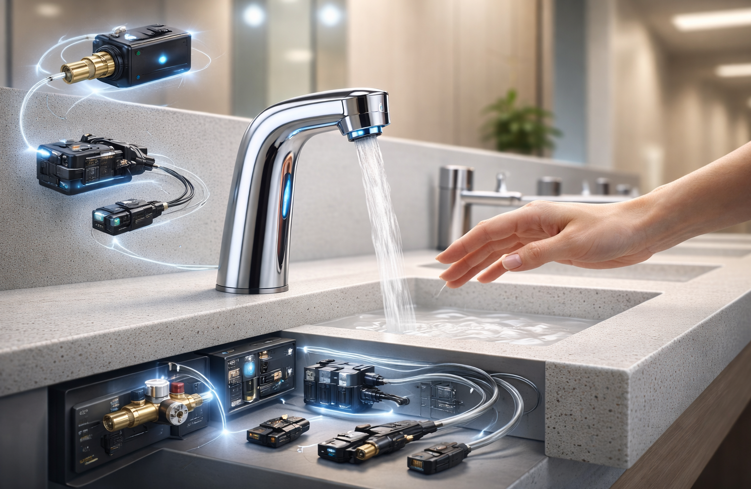 Modular spare-parts touchless faucets with field-replacement ready design for faster maintenance and reduced downtime